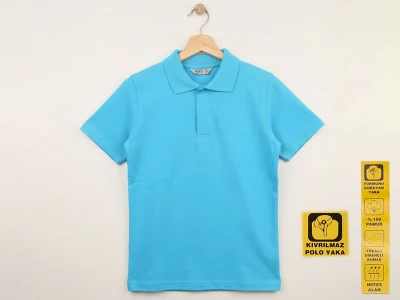 Ortaokul Boy Turkuaz Renk Kıvrılmaz Polo Yaka Okul Lakos Tişört
