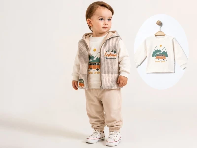 Toptan ÇITIR KİDS Otobüs Baskılı Şapkalı Yelekli Erkek Bebe Üçlü Takım  - Toptan Çocuk Giyim Beniz Kids