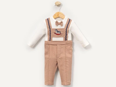 Toptan CAYZEN Oyuncak At Nakışlı Salopet Erkek Bebe Takım  KAHVERENGİ - Beniz Bebe