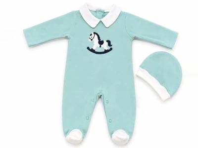 Toptan PAMUŞ MODA BABY Oyuncak At Nakışlı Yakalı Şapkalı Erkek Bebe Tulum - Toptan Çocuk Giyim Beniz Kids