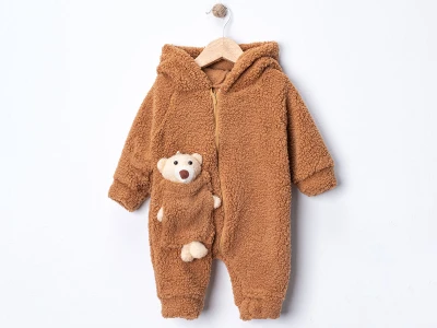 Toptan DENİTO Oyuncaklı Peluş Unisex Bebe Tulum KOYUKAHVE - Beniz Bebe