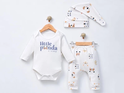 Toptan SÜPERMİNİ Panda Baskılı 3'lü Kız Bebek Takım - Toptan Çocuk Giyim Beniz Kids