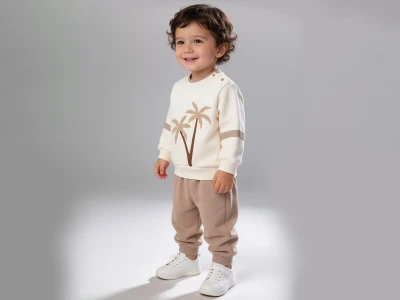 Toptan BEYAZ BEBEK Palmiye Baskılı Erkek Bebe Takım - Toptan Çocuk Giyim Beniz Kids