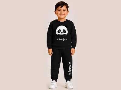 Toptan BİTTOŞ KİDS Panda Baskılı Kanguru Cepli 3 İp Şardonlu Erkek Takım SİYAH - Beniz Bebe