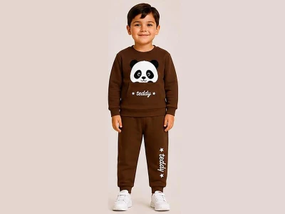 Toptan BİTTOŞ KİDS Panda Baskılı Kanguru Cepli 3 İp Şardonlu Erkek Takım KOYUKAHVE - Beniz Bebe