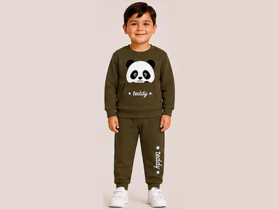 Toptan BİTTOŞ KİDS Panda Baskılı Kanguru Cepli 3 İp Şardonlu Erkek Takım YEŞİL - Beniz Bebe