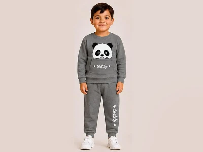 Toptan BİTTOŞ KİDS Panda Baskılı Kanguru Cepli 3 İp Şardonlu Erkek Takım GRİ - Beniz Bebe