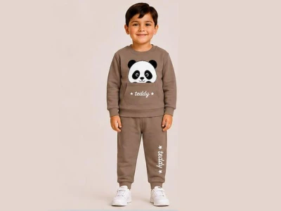 Toptan BİTTOŞ KİDS Panda Baskılı Kanguru Cepli 3 İp Şardonlu Erkek Takım KAHVERENGİ - Beniz Bebe