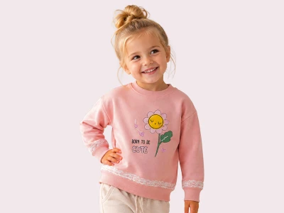 Toptan ROYA KİDS Papatya Baskılı 3 İp Şardonlu Kız Sweat  Розовый - Beniz Bebe
