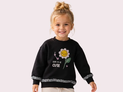 Toptan ROYA KİDS Papatya Baskılı 3 İp Şardonlu Kız Sweat  Черный - Beniz Bebe