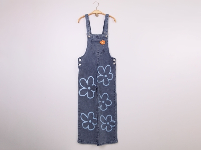 Papatya Baskılı Kız Kot Salopet