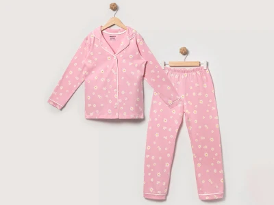 Toptan DOLAŞ Papatya Baskılı Kız Pijama Takım  PEMBE - Beniz Bebe