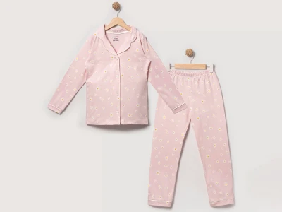 Toptan DOLAŞ Papatya Baskılı Kız Pijama Takım  PUDRA - Beniz Bebe