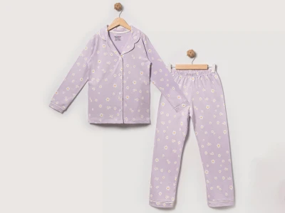 Toptan DOLAŞ Papatya Baskılı Kız Pijama Takım  LİLA - Beniz Bebe