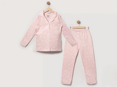 Toptan DOLAŞ Papatya Baskılı Kız Pijama Takım  PUDRA - Beniz Bebe