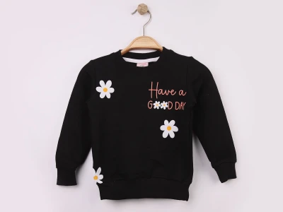 Toptan WENGE KİDS Papatya Baskılı Kız Sweat SİYAH - Beniz Bebe
