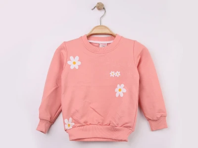 Toptan WENGE KİDS Papatya Baskılı Kız Sweat PEMBE - Beniz Bebe