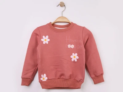 Toptan WENGE KİDS Papatya Baskılı Kız Sweat GÜLKURUSU - Beniz Bebe
