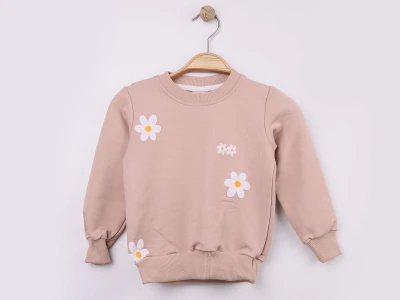 Toptan WENGE KİDS Papatya Baskılı Kız Sweat BEJ - Beniz Bebe