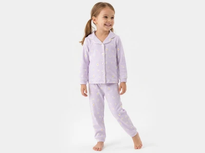 Toptan DOLAŞ Papatya Desenli Düğmeli Kız Pijama Takım  - Toptan Çocuk Giyim Beniz Kids