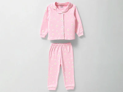 Toptan DOLAŞ Papatya Desenli Düğmeli Kız Pijama Takım  PEMBE - Beniz Bebe