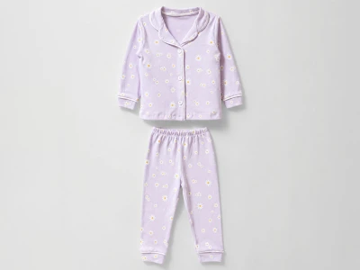 Toptan DOLAŞ Papatya Desenli Düğmeli Kız Bebe Pijama Takım  LİLA - Beniz Bebe