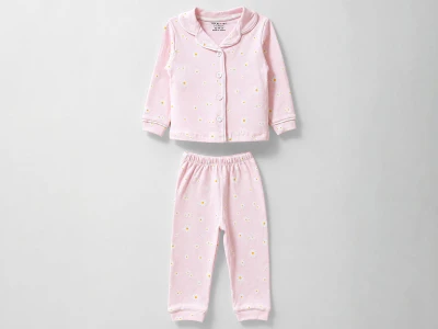 Toptan DOLAŞ Papatya Desenli Düğmeli Kız Bebe Pijama Takım  PUDRA - Beniz Bebe