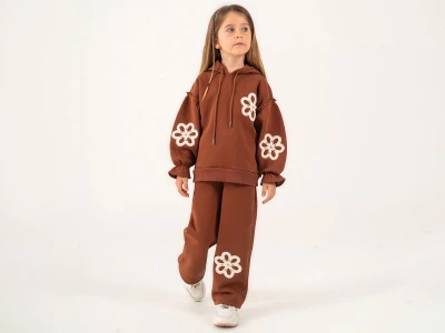 Toptan LUMİİ Papatya Desenli Şapkalı 3 İp Şardonlu Kız Takım - Toptan Çocuk Giyim Beniz Kids