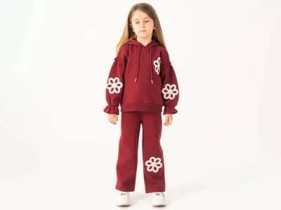 Toptan LUMİİ Papatya Desenli Şapkalı 3 İp Şardonlu Kız Takım Burgundy - Beniz Bebe