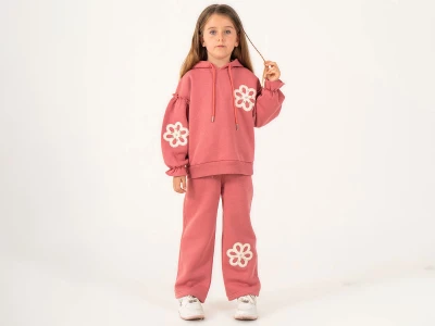 Toptan LUMİİ Papatya Desenli Şapkalı 3 İp Şardonlu Kız Takım Pink - Beniz Bebe