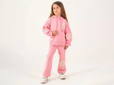 Toptan LUMİİ Papatya Desenli Şapkalı 3 İp Şardonlu Kız Takım Pink - Beniz Bebe