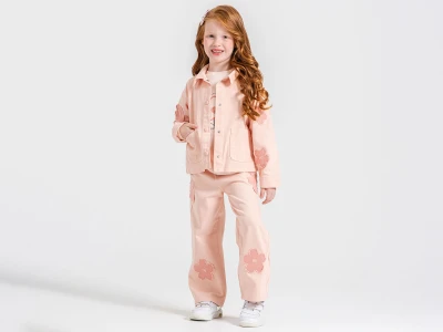 Toptan ECOLKIZ Papatya Nakışlı Baskılı Cepli Ceketli Kız Üçlü Takım  - Toptan Çocuk Giyim Beniz Kids