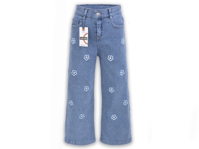 Papatya Nakışlı Geniş Paça Kız Kot Pantolon