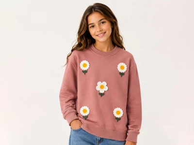 Toptan İ-CAN Papatya Nakışlı Kız Sweat  GÜLKURUSU - Beniz Bebe