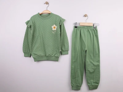 Toptan FEELY KİDS Papatya Nakışlı Kız Takım  Green - Beniz Bebe