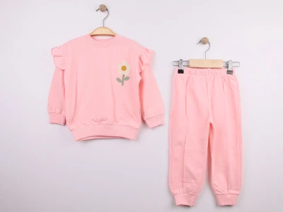 Toptan FEELY KİDS Papatya Nakışlı Kız Takım  Pink - Beniz Bebe