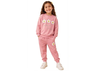 Toptan PALM LİFE Papatya Nakışlı Kız Takım  Pink - Beniz Bebe