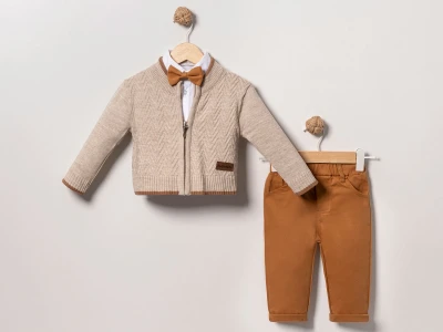 Toptan EYMUS Papyon Detay 3'lü Erkek Bebek Takım Beige - Beniz Bebe
