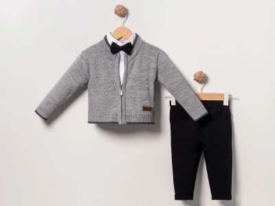 Toptan EYMUS Papyon Detay 3'lü Erkek Bebek Takım Grey - Beniz Bebe