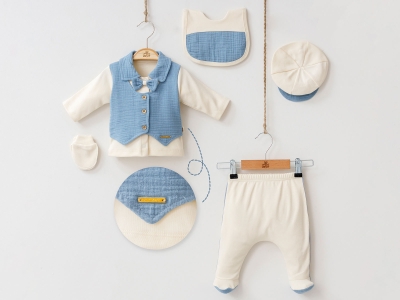 Toptan MİNİZEYN Papyon Detaylı  Erkek Bebe 5li Set MAVİ - Beniz Bebe