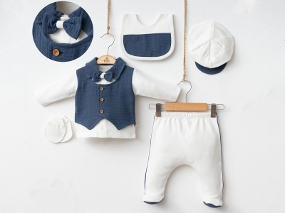 Toptan MİNİZEYN Papyon Detaylı  Erkek Bebe 5li Set İNDİGO - Beniz Bebe