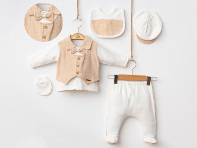 Toptan MİNİZEYN Papyon Detaylı  Erkek Bebe 5li Set BEJ - Beniz Bebe