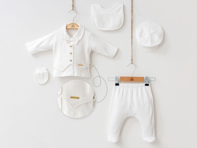 Toptan MİNİZEYN Papyon Detaylı  Erkek Bebe 5li Set BEYAZ - Beniz Bebe