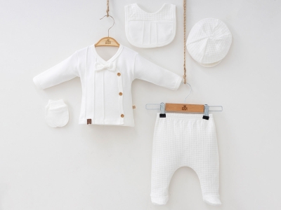 Toptan MİNİZEYN Papyonlu Erkek Bebe 5li Set أبيض - Beniz Bebe