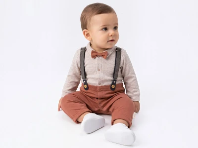 Toptan BAM-BİNO Papyonlu Gömlekli Erkek Bebe Tulum  - Toptan Çocuk Giyim Beniz Kids
