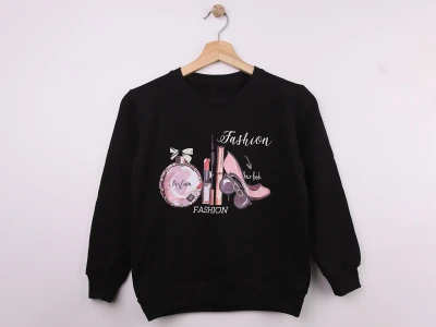 Toptan STAR FİLE Parfüm Baskılı Kız Sweat  SİYAH - Beniz Bebe