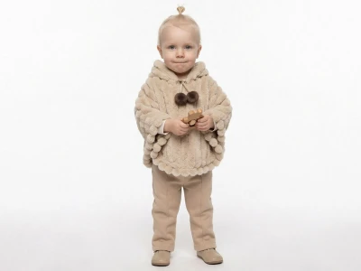 Toptan ELCİ BABY Pelerinli Ponponlu Kız Üçlü Takım  KAHVERENGİ - Beniz Bebe
