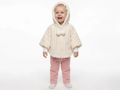 Toptan ELCİ BABY Pelerinli Ponponlu Kız Üçlü Takım  BEYAZ - Beniz Bebe