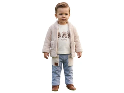 Toptan ELCİ BABY Peluş 3'lü Erkek Bebek Takım KREM - Beniz Bebe