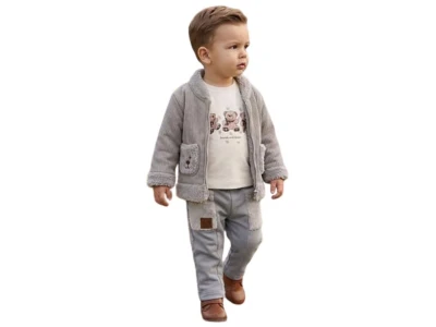Toptan ELCİ BABY Peluş 3'lü Erkek Bebek Takım GRİ - Beniz Bebe